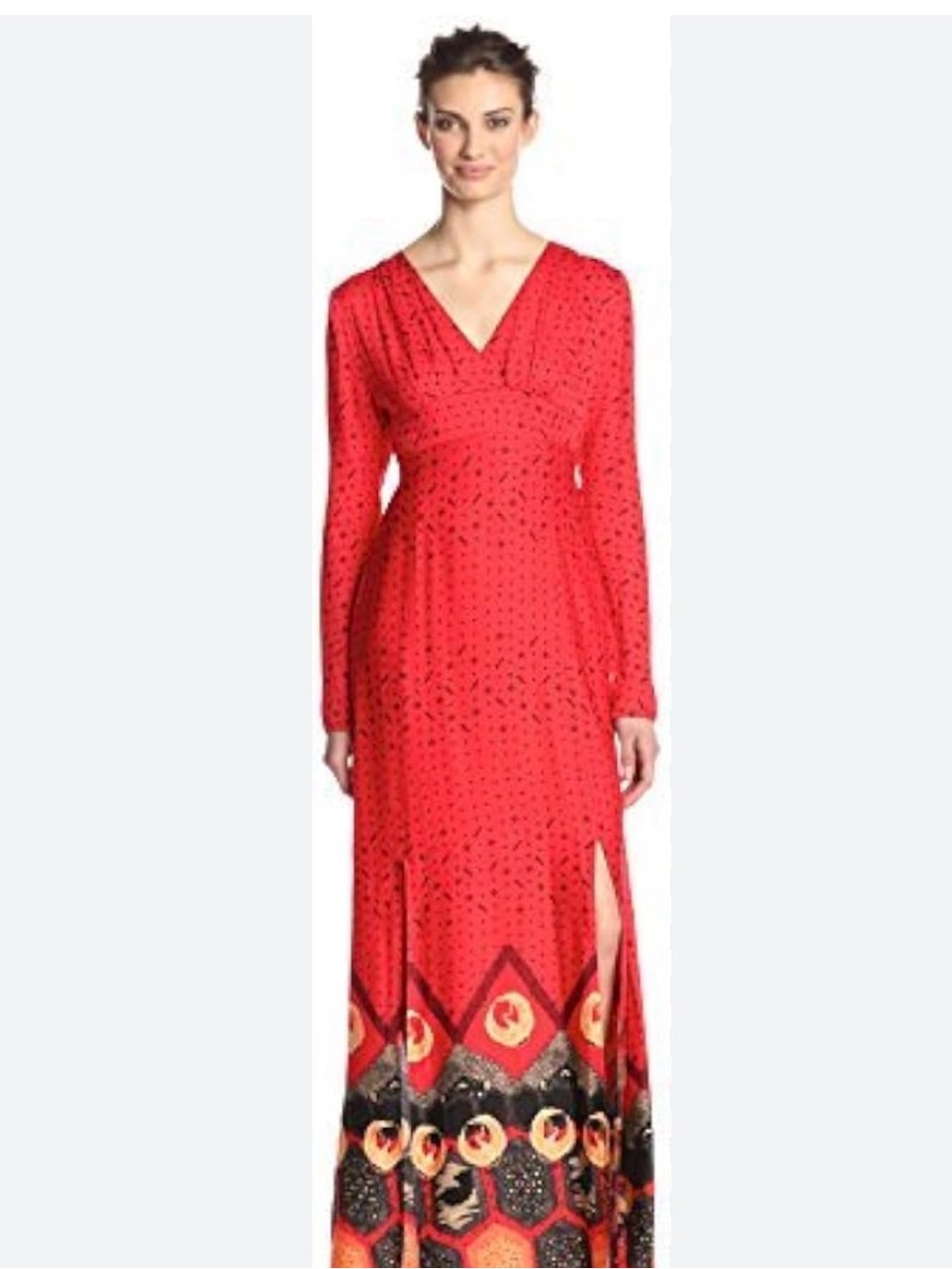 MINKPINK Red crane Long Sleeve V-Neck Maxi Dress